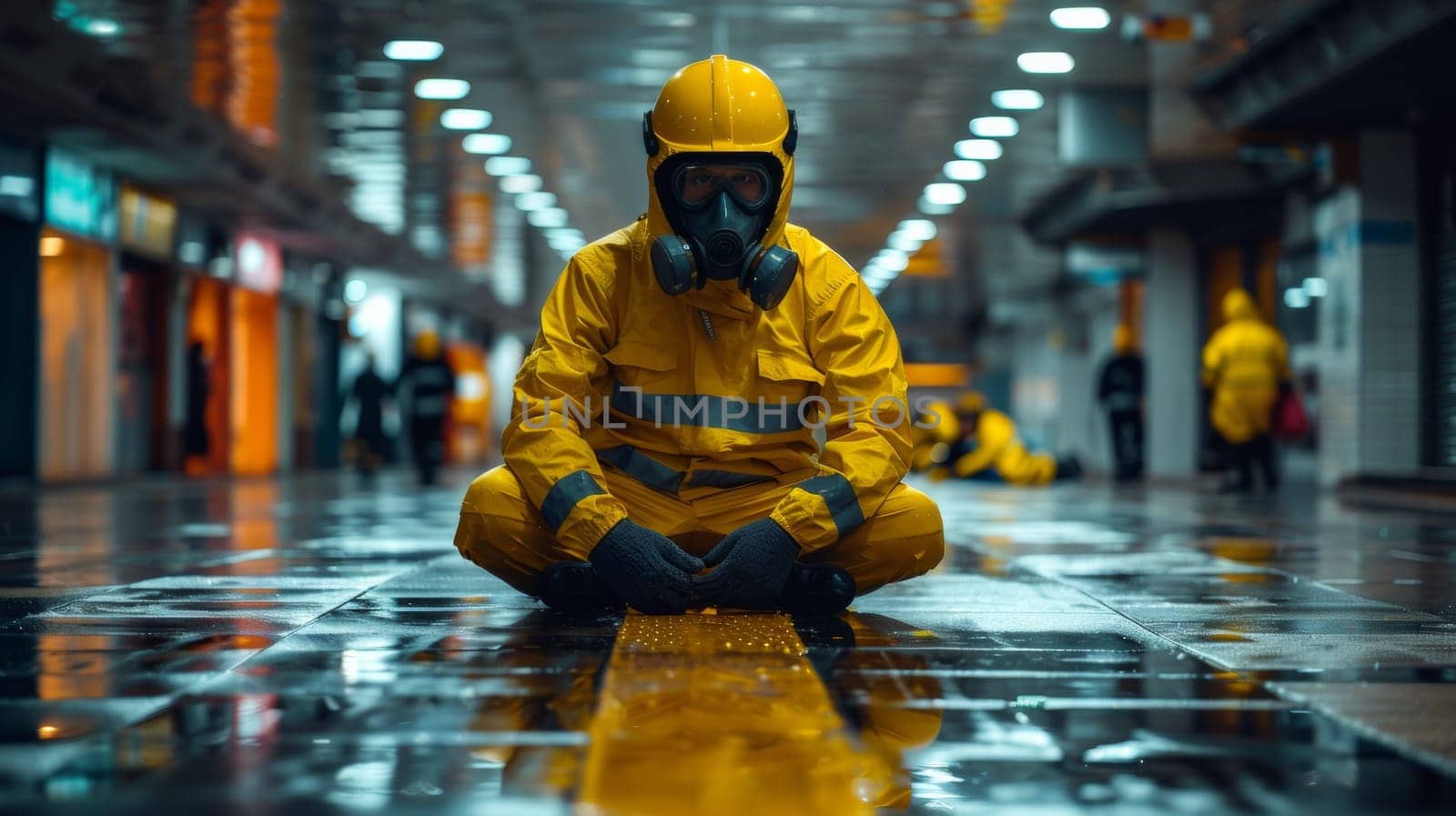 A man in yellow and orange suit sitting on floor of a building, AI by starush