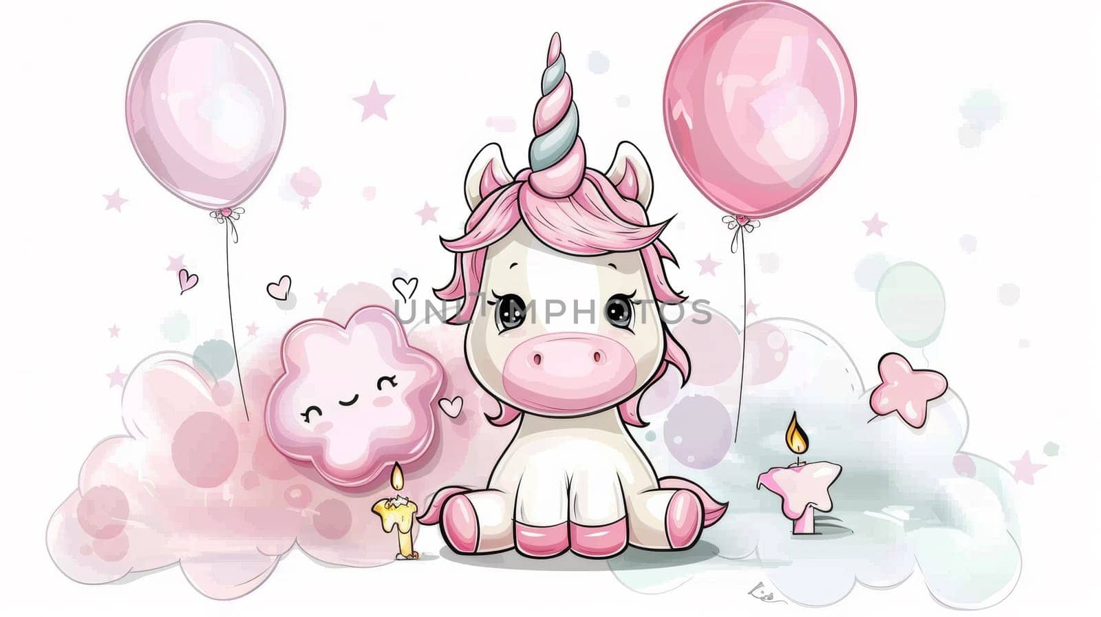 A cartoon unicorn sitting on a cloud with balloons and stars, AI by starush