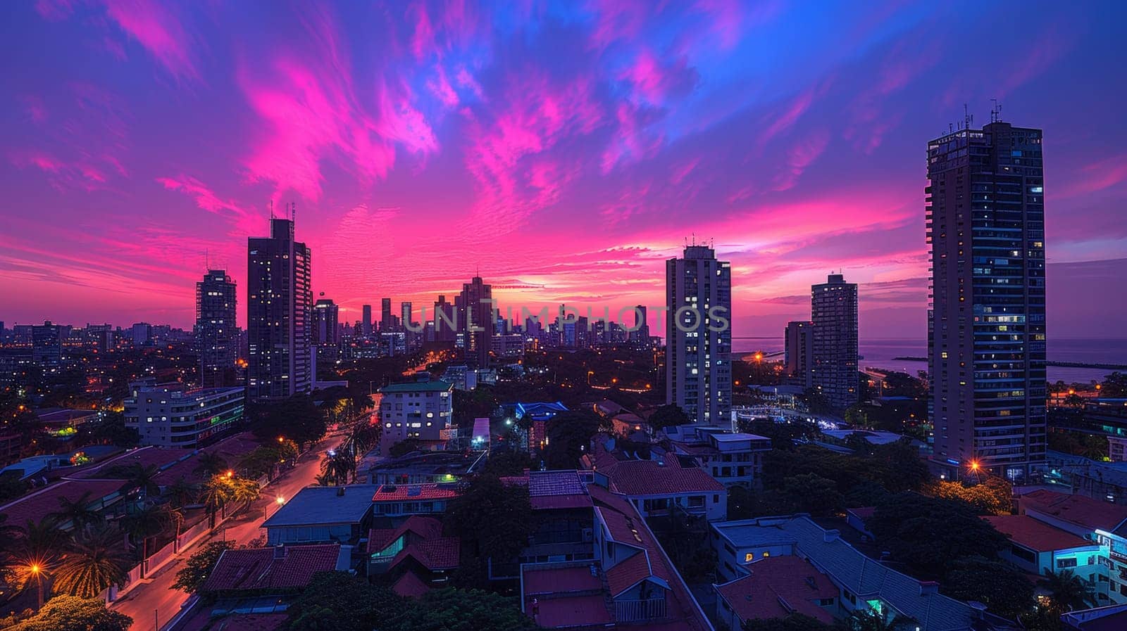 A city skyline with a pink sky and purple clouds, AI by starush