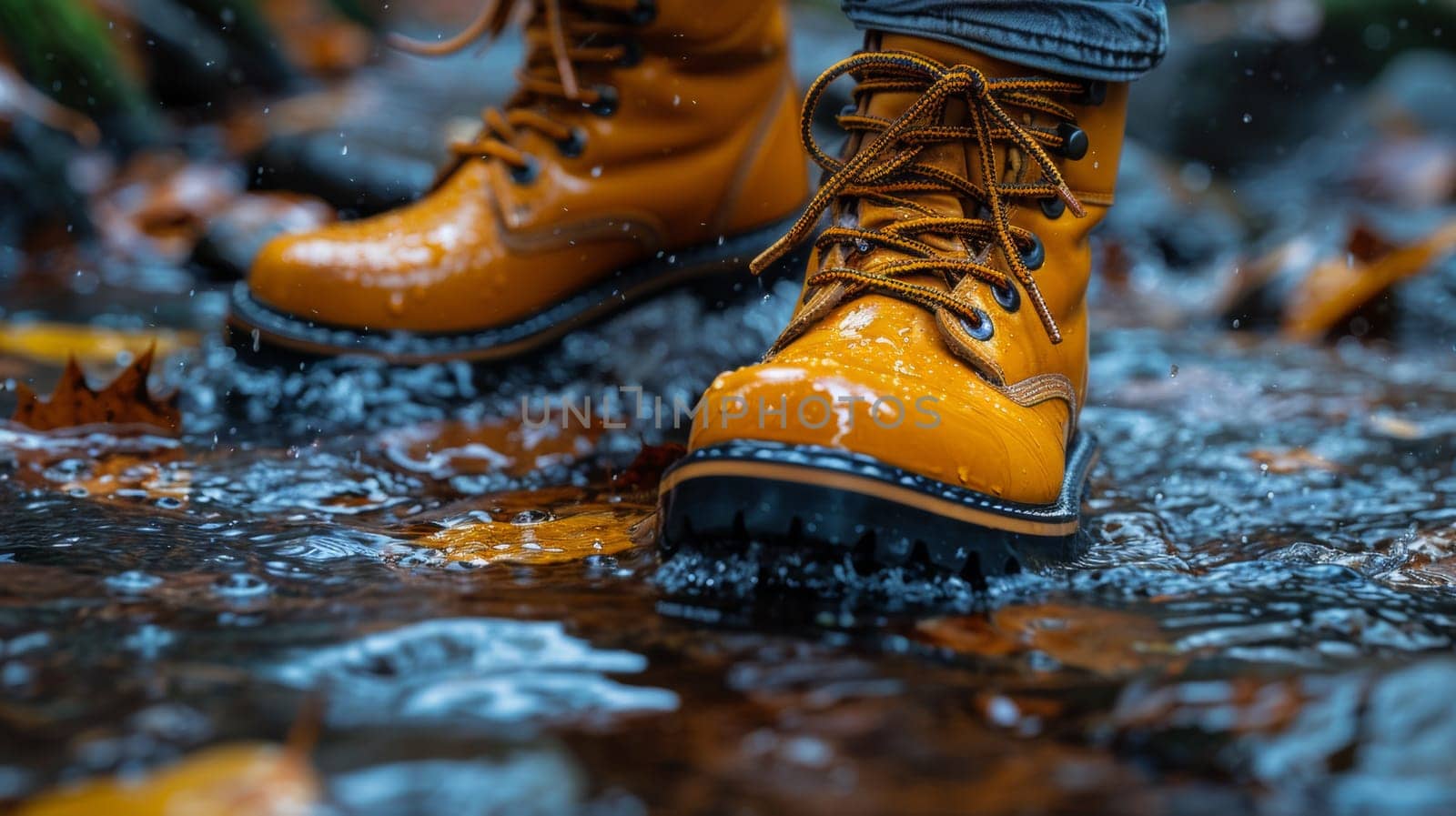 A person wearing yellow boots standing in a puddle of water, AI by starush