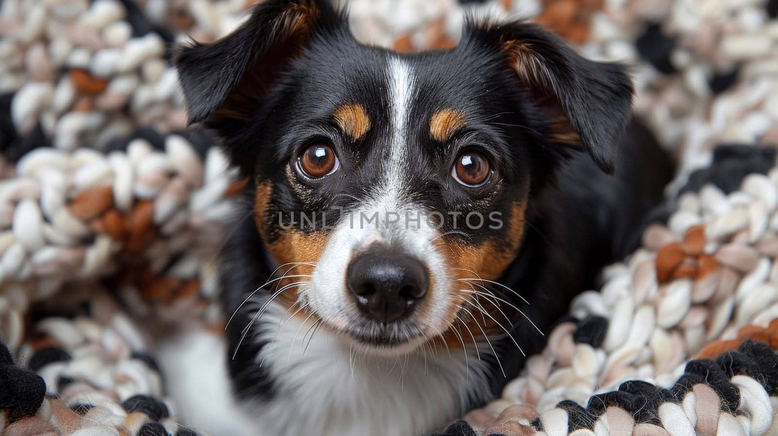A black and white dog laying on a blanket with brown eyes
