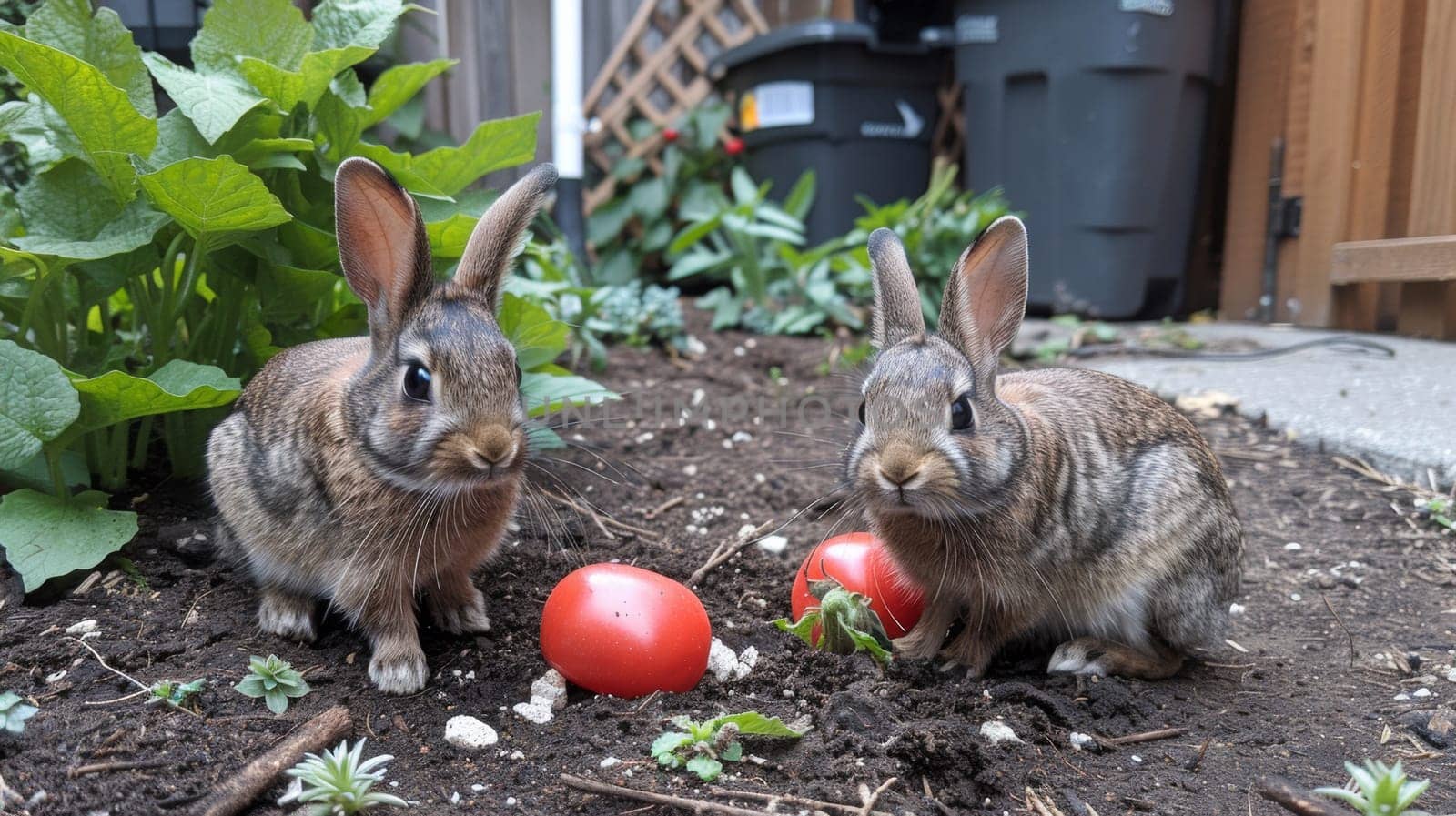 Two rabbits sitting in the dirt next to some tomatoes
