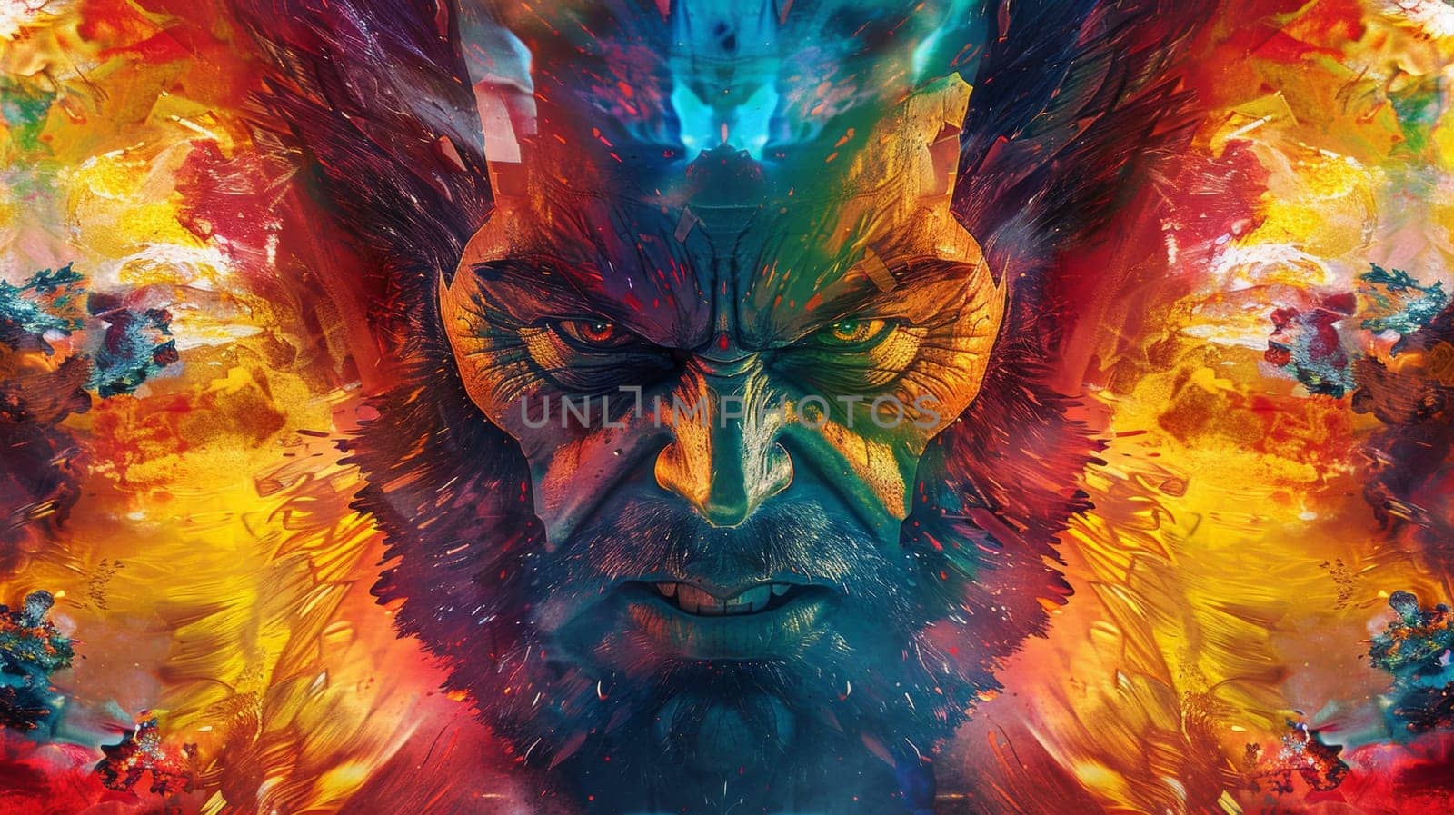 A close up of a painting with an angry looking face, AI by starush