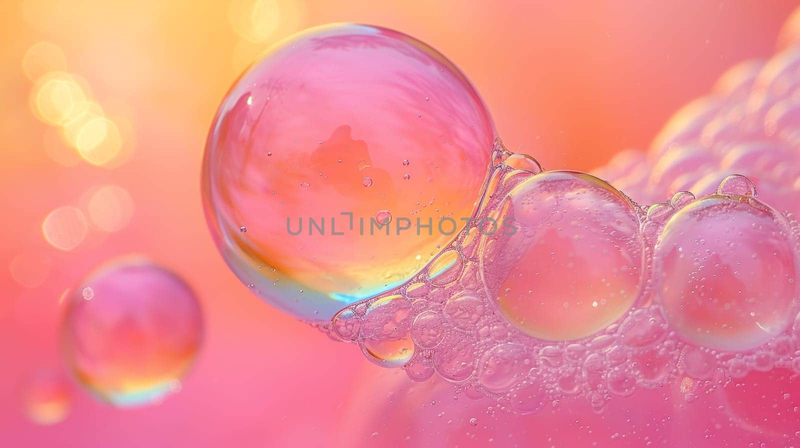 A close up of bubbles in a bubble bath on pink and orange