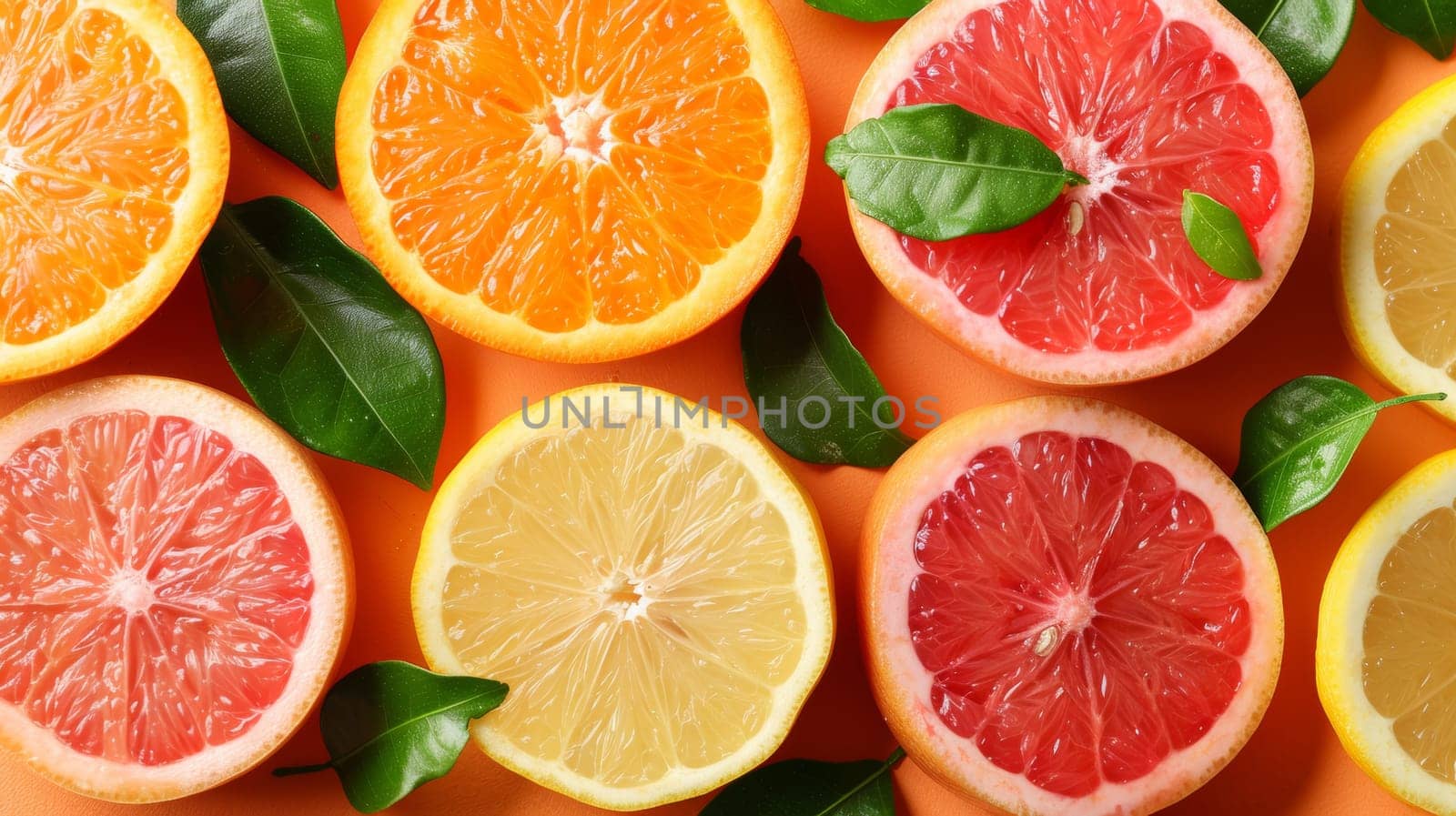 A group of citrus fruits with leaves on them arranged in a circle, AI by starush