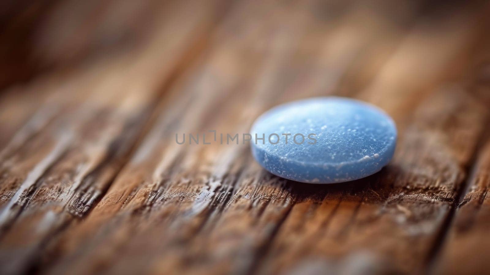 A blue pill sitting on top of a wooden table