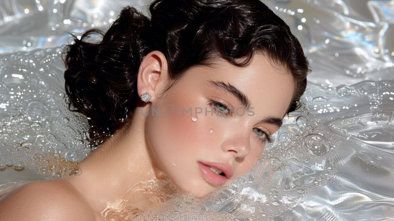 A woman in a bathtub with bubbles and water on her face