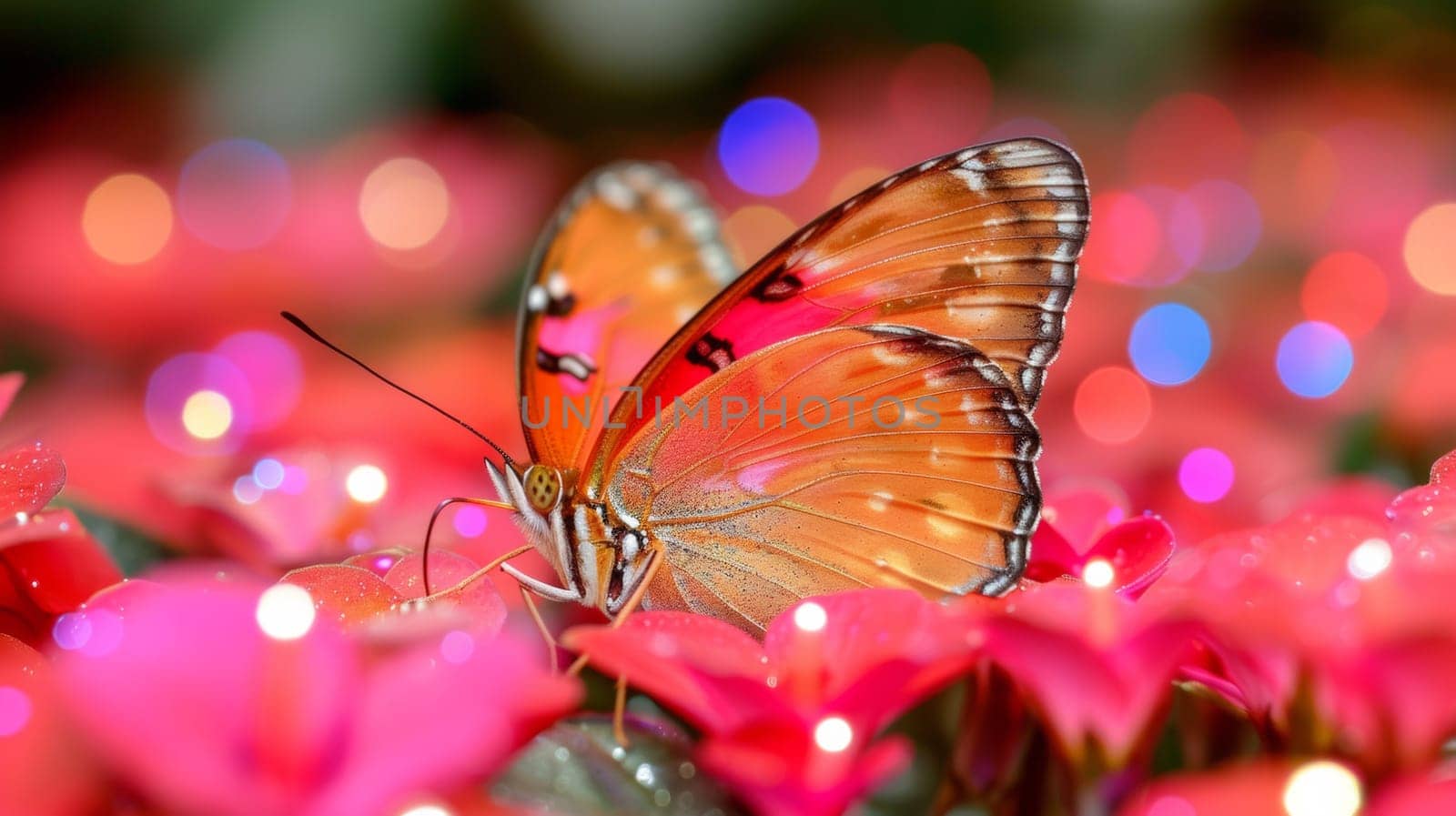 A butterfly sitting on a flower with bright lights in the background