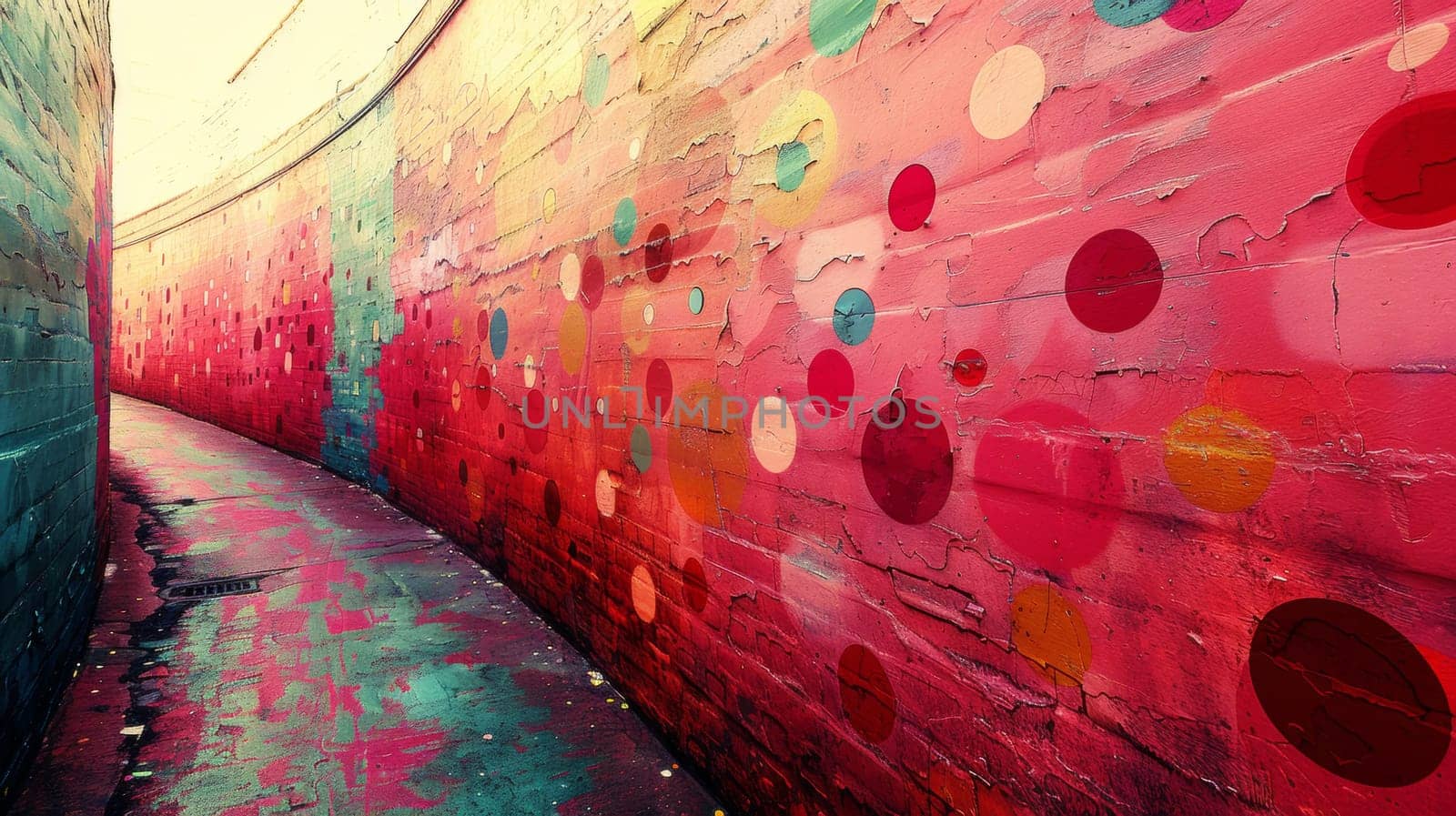 A colorful wall with many polka dots painted on it