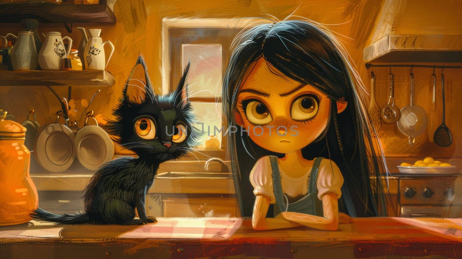 A cartoon girl sitting at a table with cat on counter, AI by starush