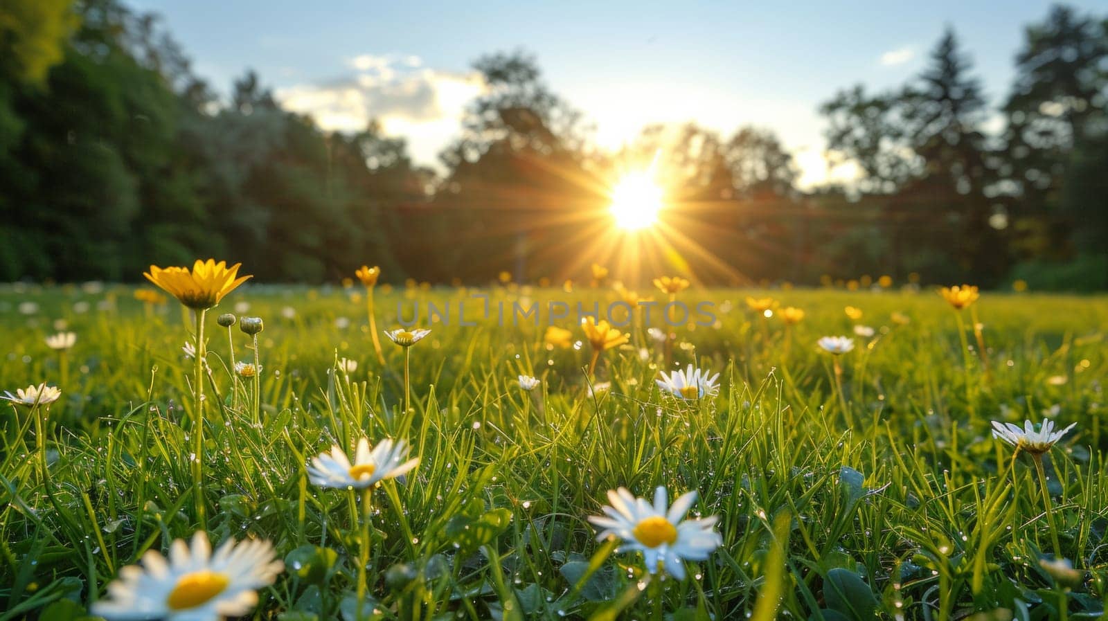 A field of daisies and sun shining through the trees