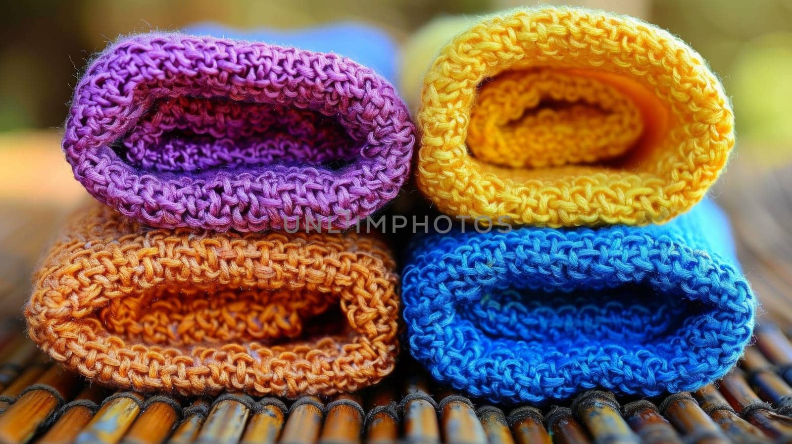 Three colorful towels are stacked on a bamboo mat