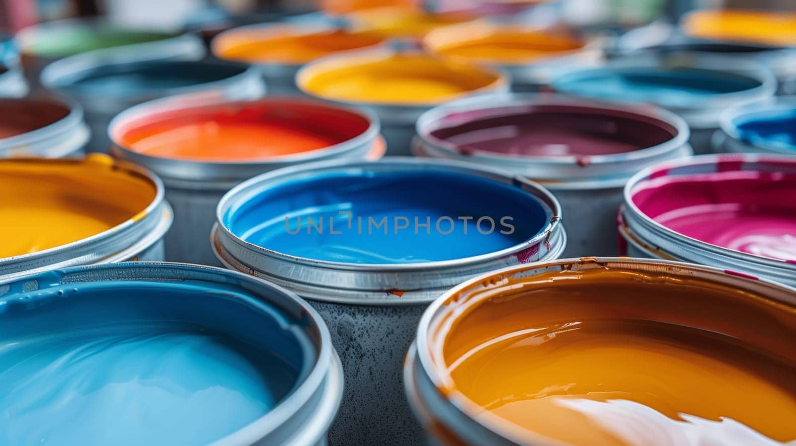 A bunch of paint cans with different colors in them