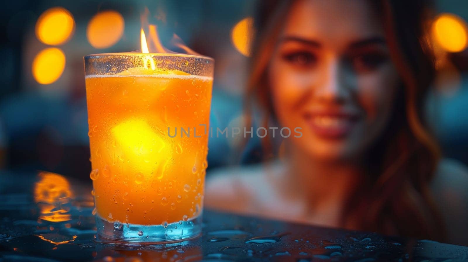 A woman sitting in front of a drink with an orange flame