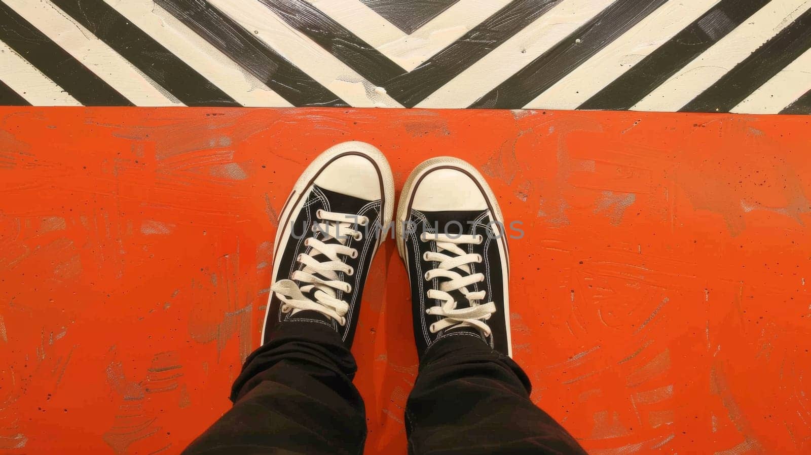 A person wearing black and white sneakers standing on a red floor, AI by starush