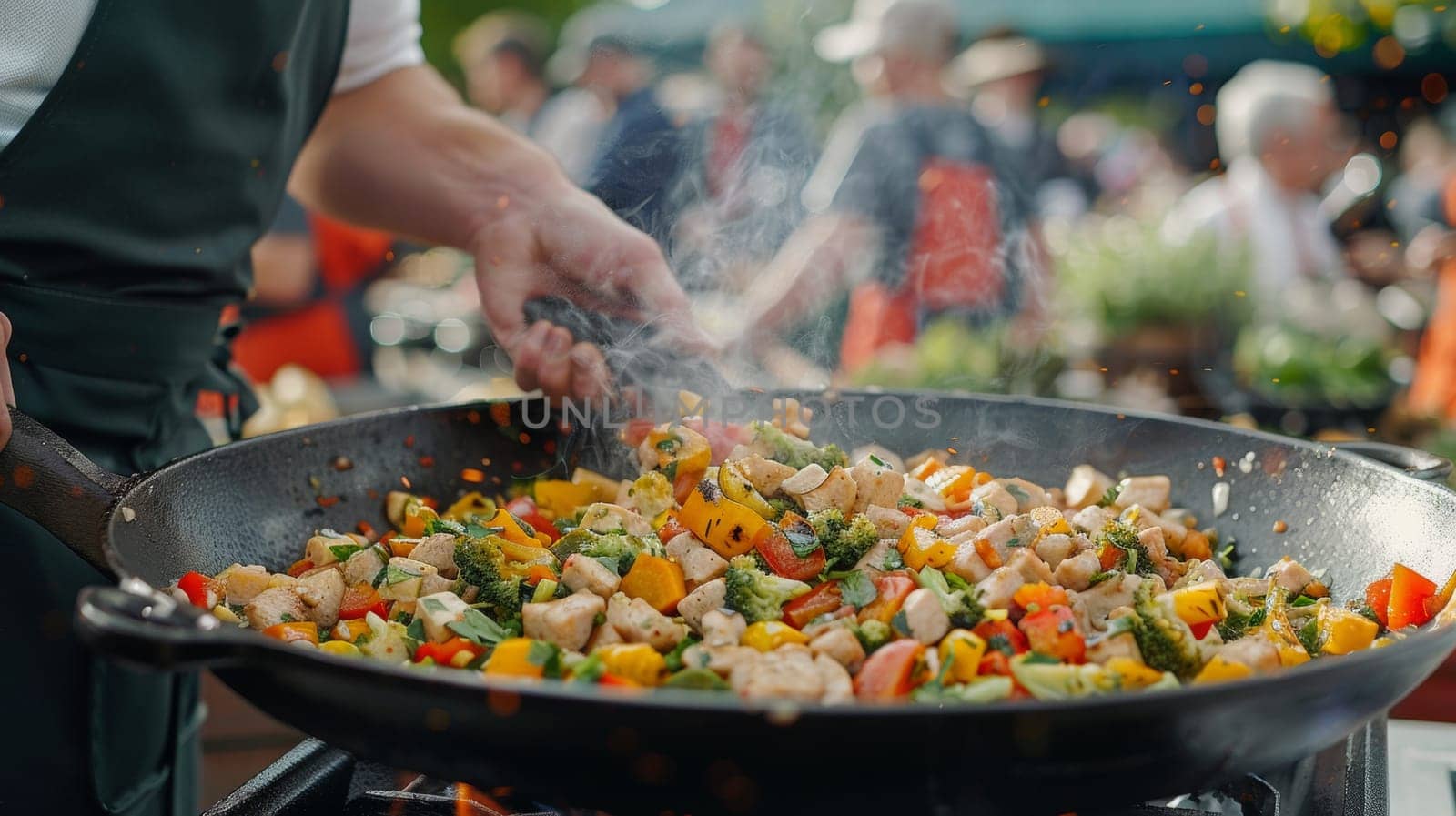 A person is cooking a stir fry in an outdoor wok, AI by starush
