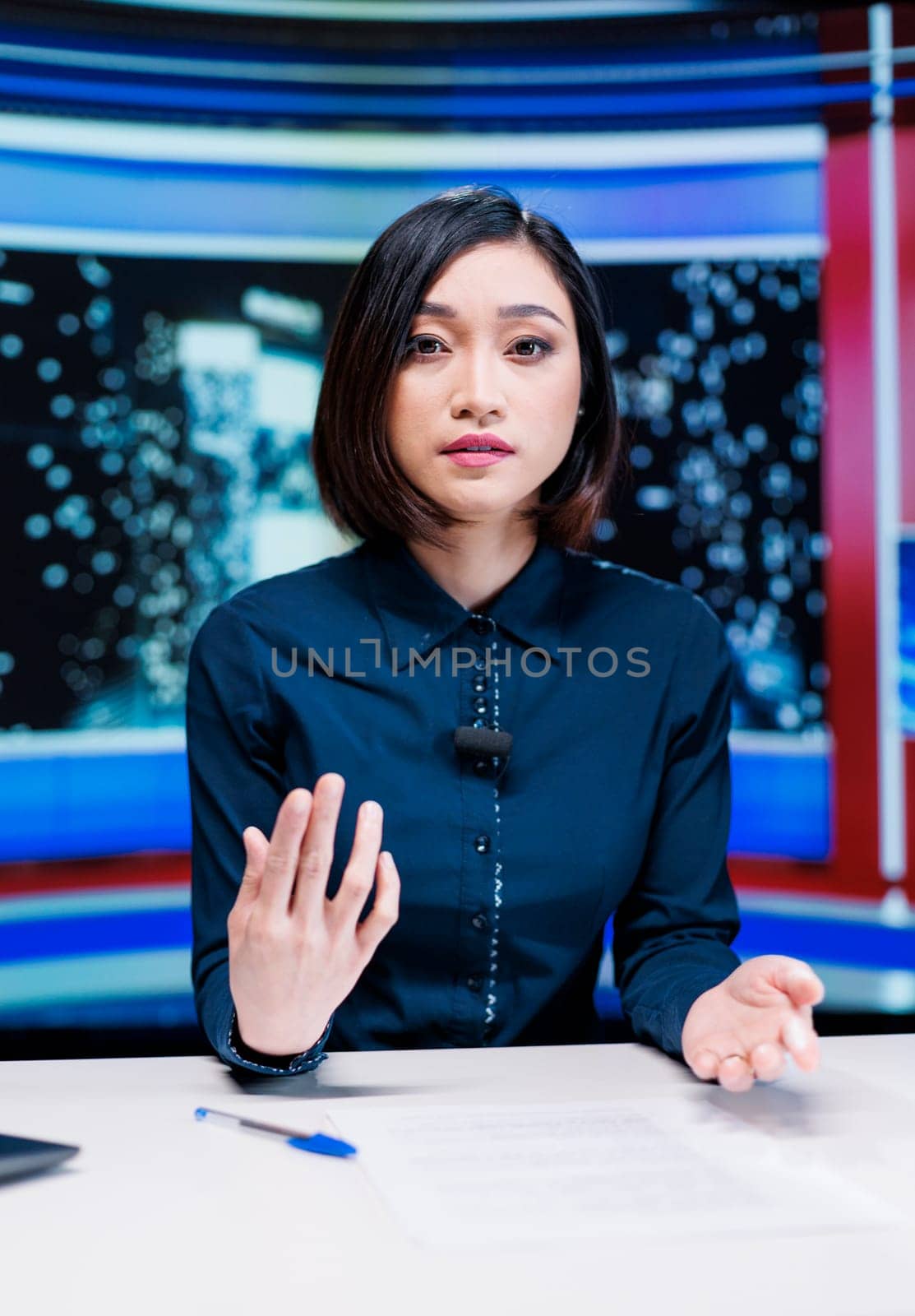 Journalist on late night show hosting entertainment and media segment using headlines to present breaking news. Woman presenter discussing about international reportage with exclusive details.