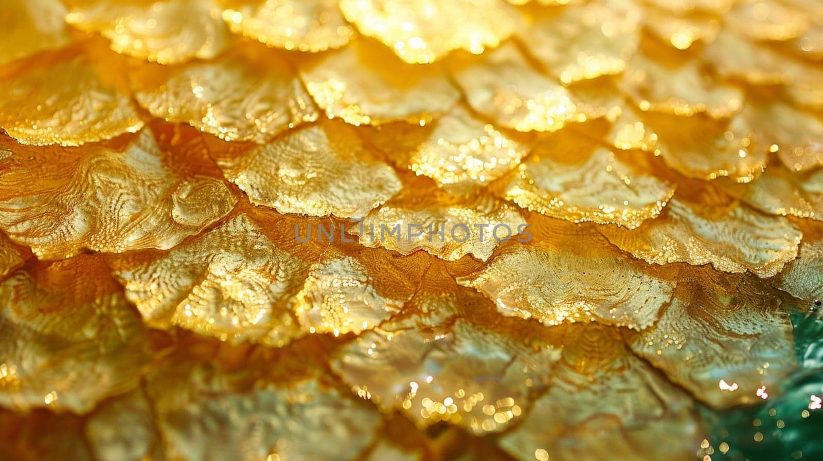 A close up of a gold leafed fish scale pattern on the surface, AI by starush