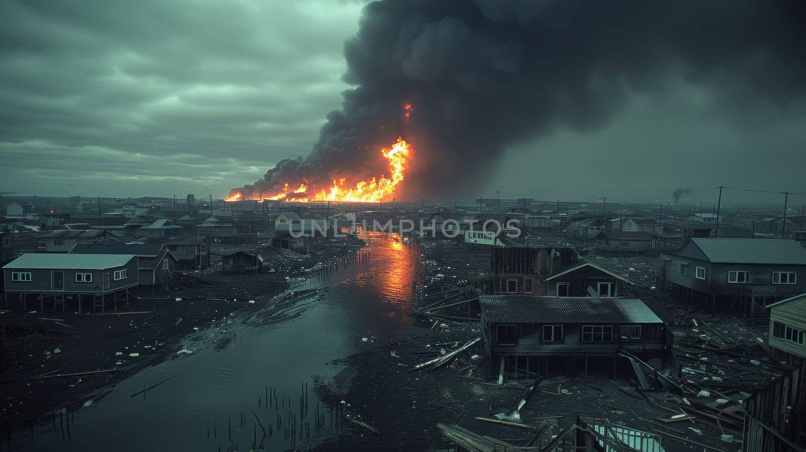 A large fire is burning in a city near some houses