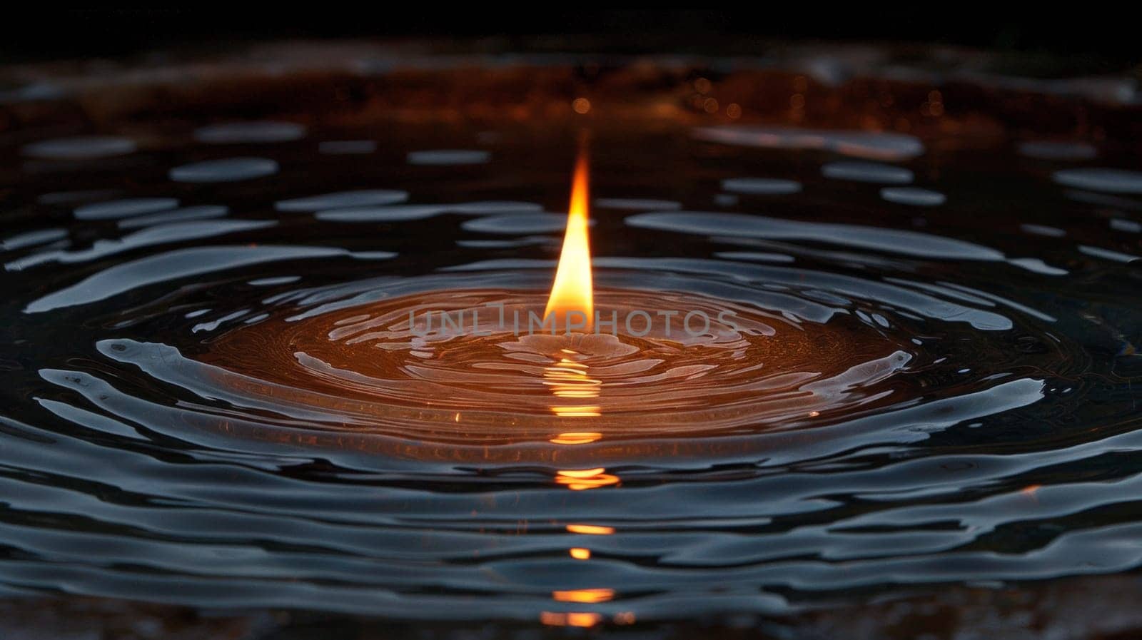 A candle lit in a bowl of water with ripples, AI by starush