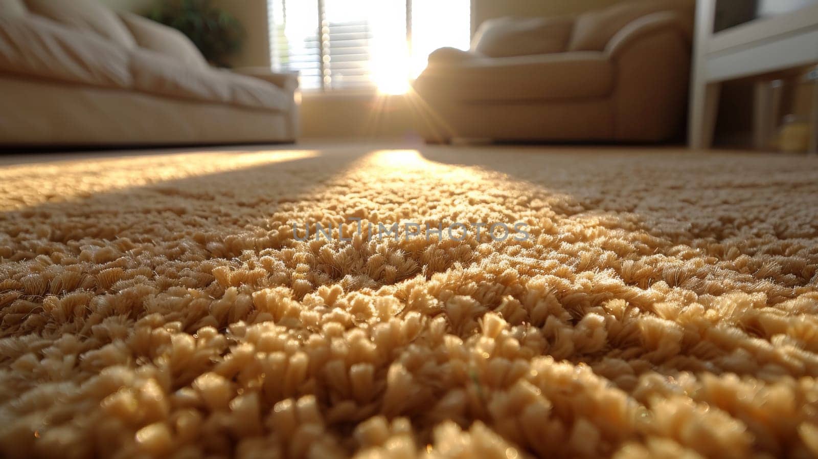 A close up of a carpeted floor with sunlight shining through