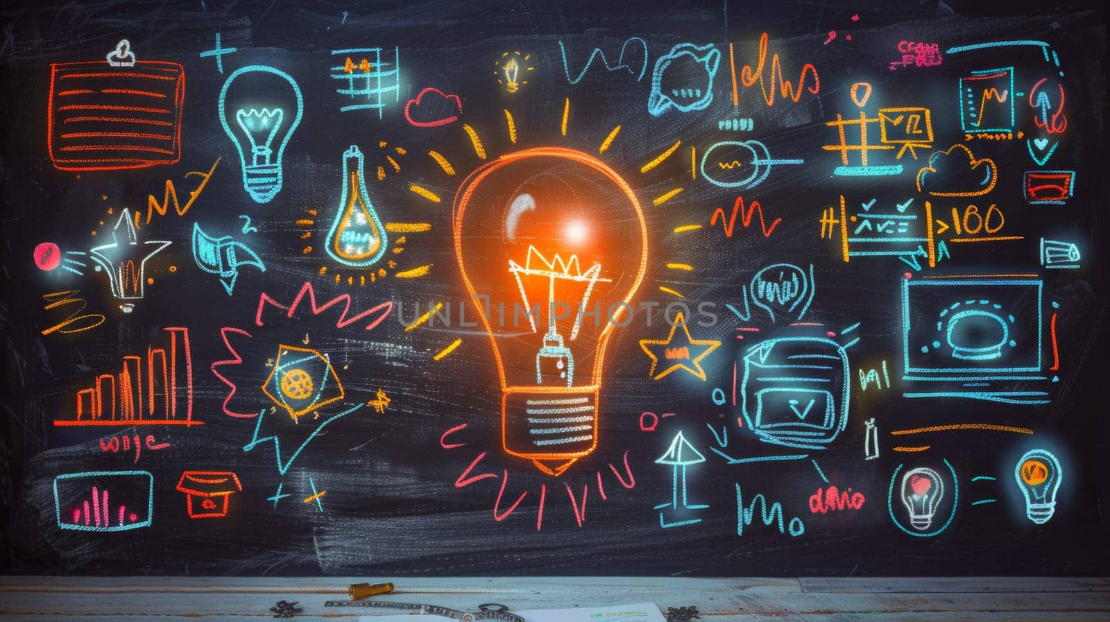 A light bulb is shown on a chalkboard with various drawings, AI by starush