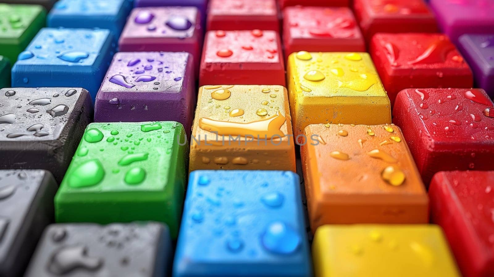A close up of a bunch of colorful blocks with water droplets on them, AI by starush