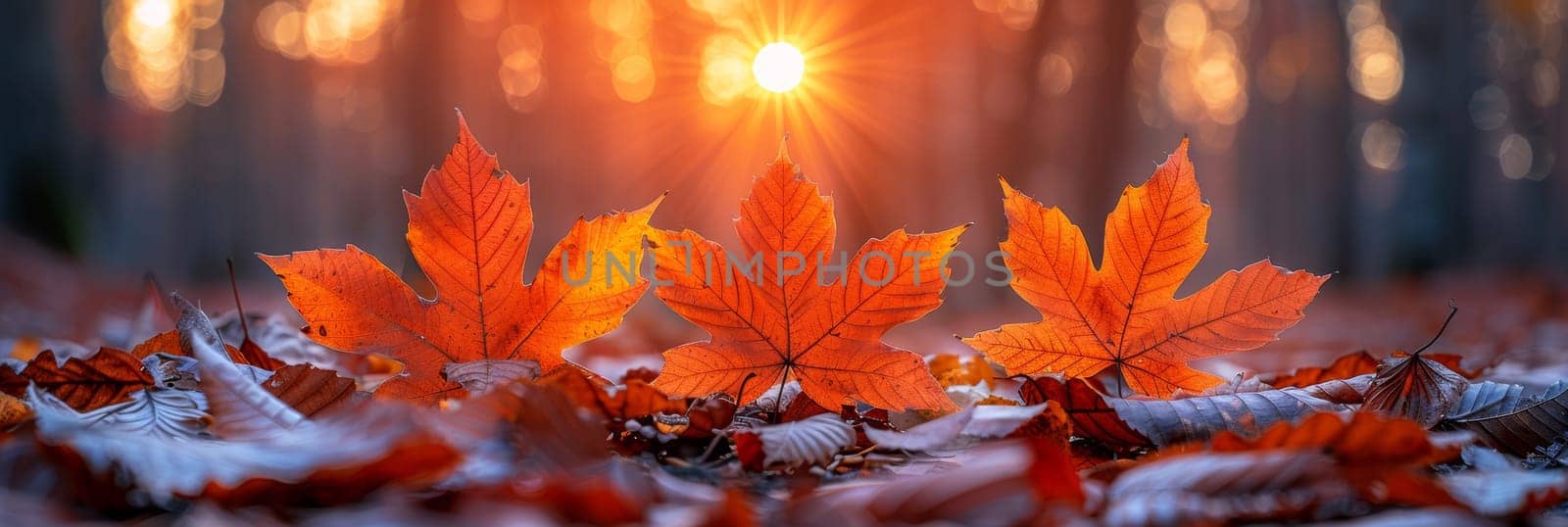 Three red maple leaves are sitting on the ground in front of a sun, AI by starush