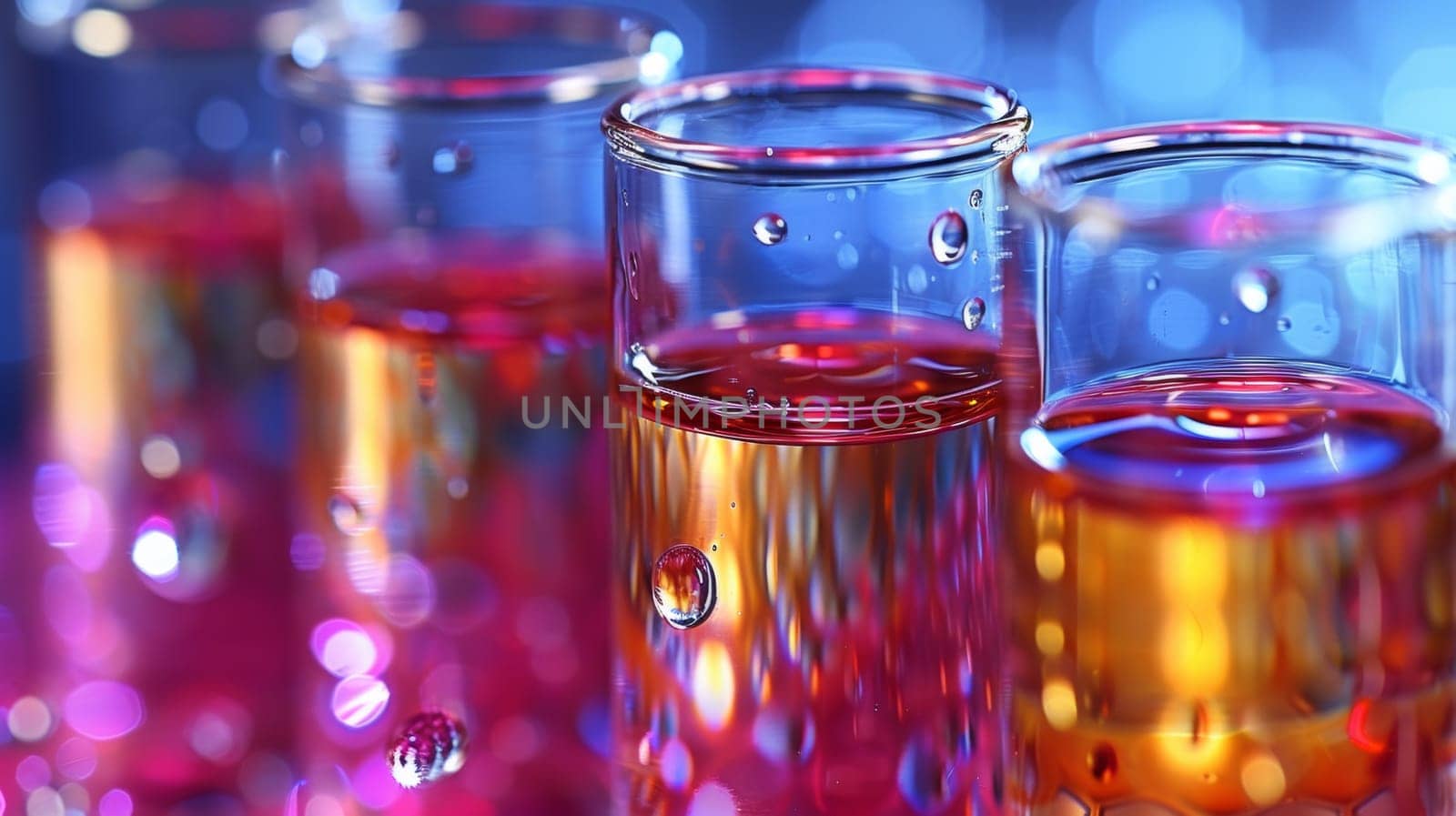 A group of glasses filled with liquid on a table, AI by starush