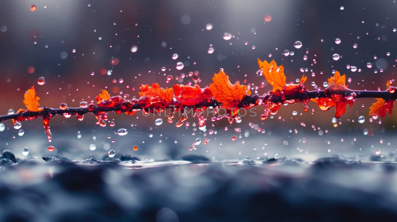 A close up of a branch with leaves and water droplets, AI by starush