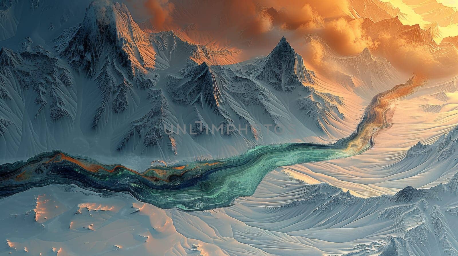 A painting of a river flowing through the mountains in an abstract style, AI by starush