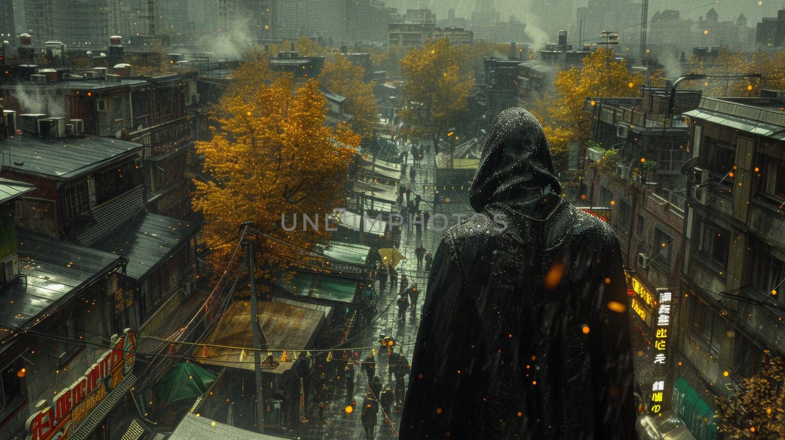 A person in a hooded cloak standing on top of an overpass