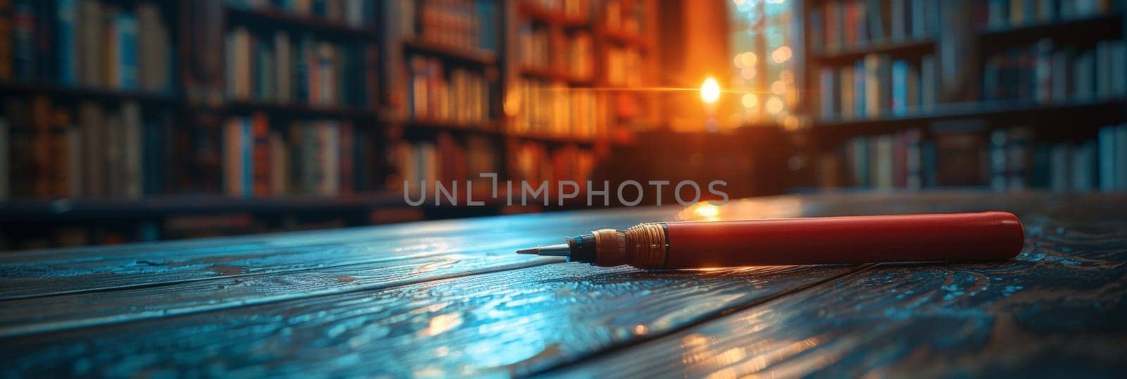 A red pen laying on a wooden table in front of bookshelves, AI by starush