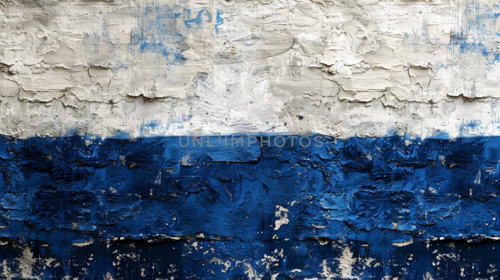 A blue and white paint on a wall with an old clock, AI by starush