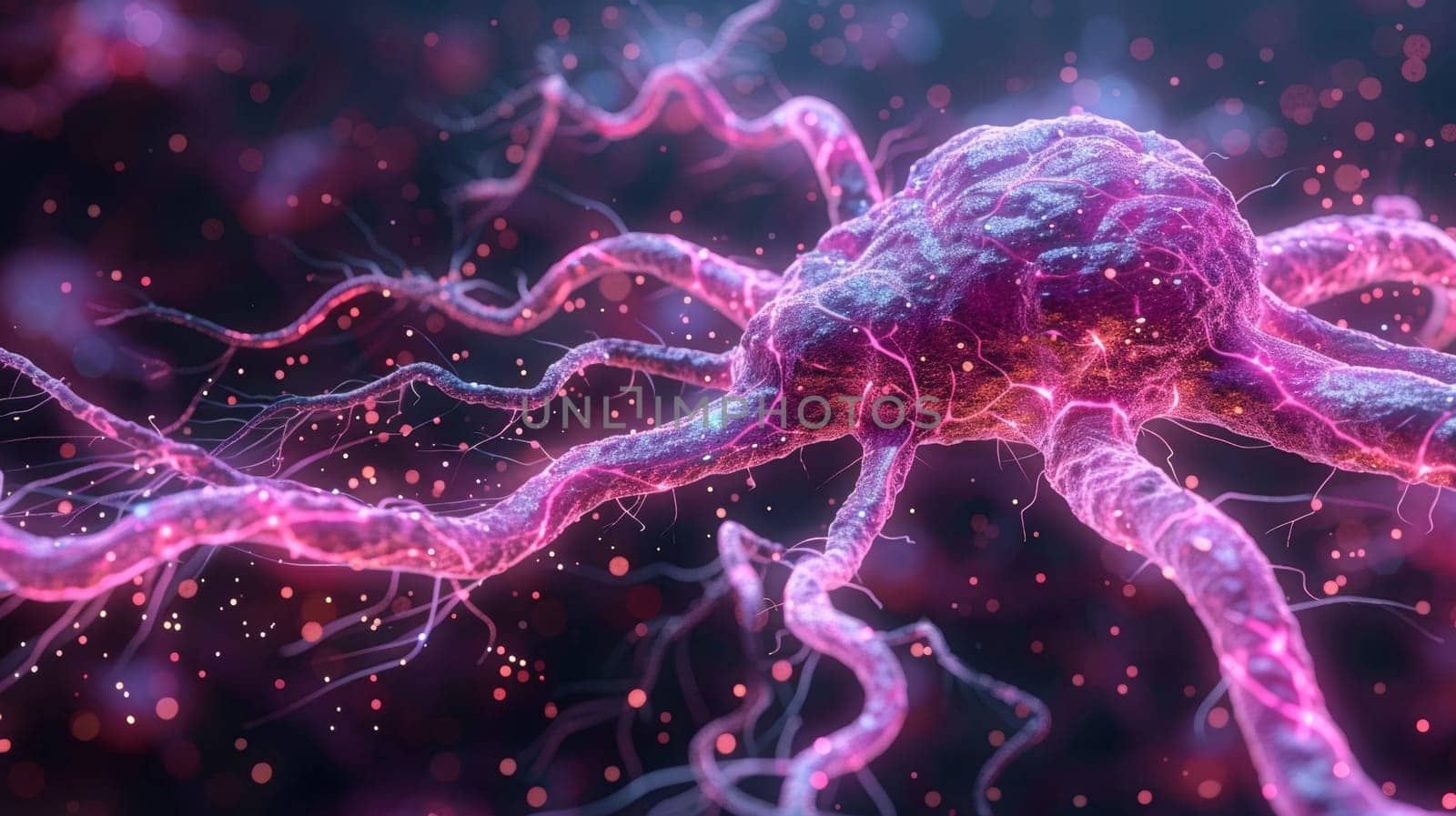 A close up of a neuron cell with pink and purple lights