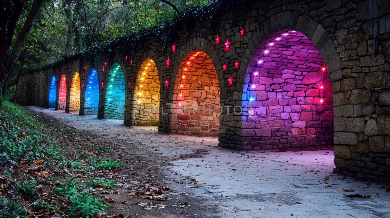 A row of arches with colored lights on them in a park