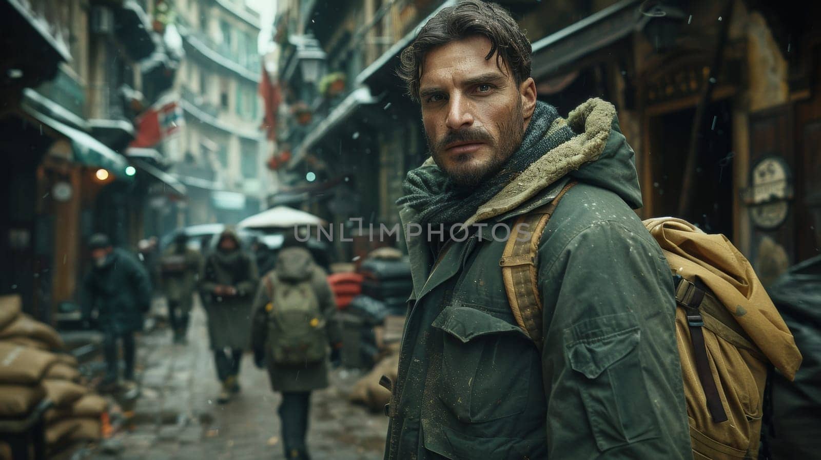 A man with a backpack standing in the middle of an alley