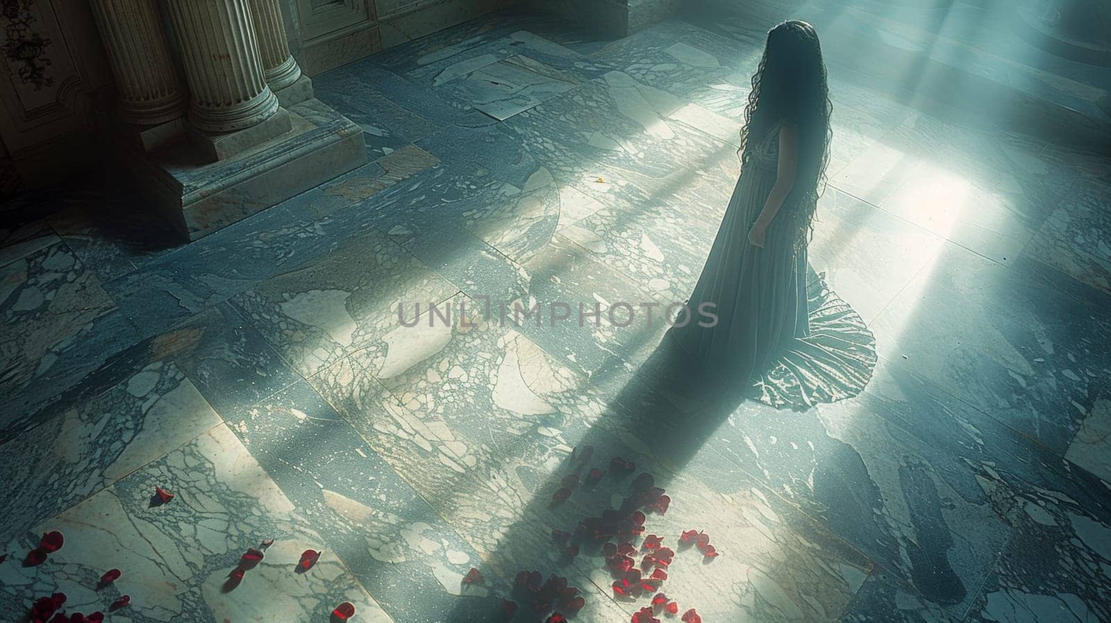 A woman in a long dress standing on the floor of an empty room