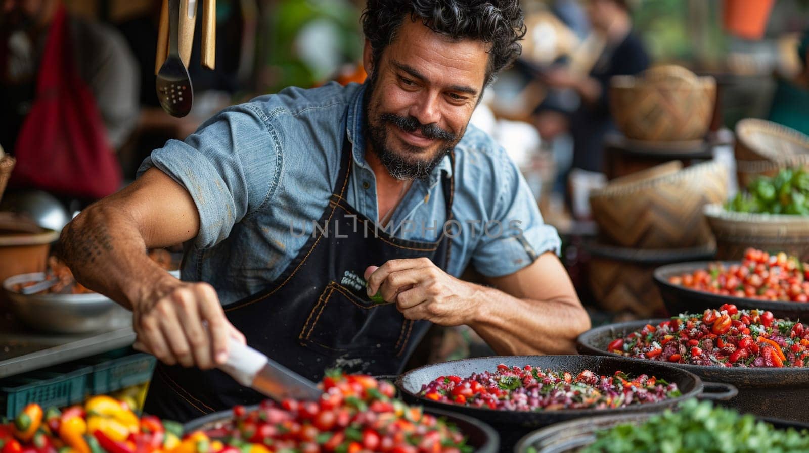 A man in a black shirt and blue jeans cutting up vegetables