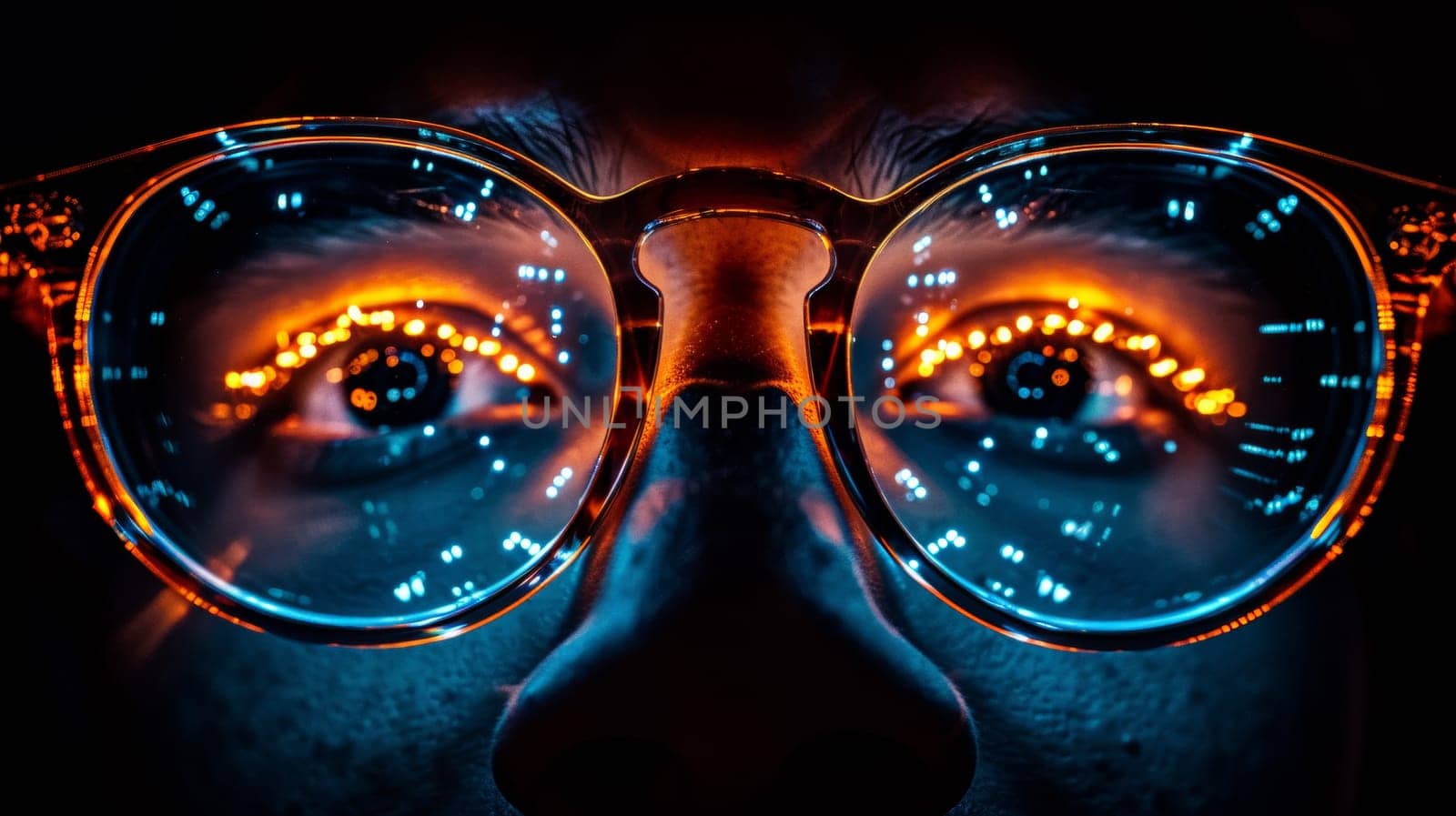 A close up of a man's face with glowing eyes and glasses