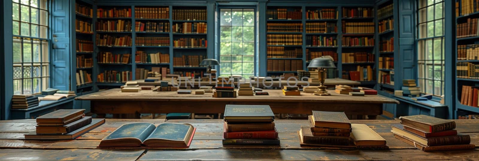 A room with a lot of books and tables in it