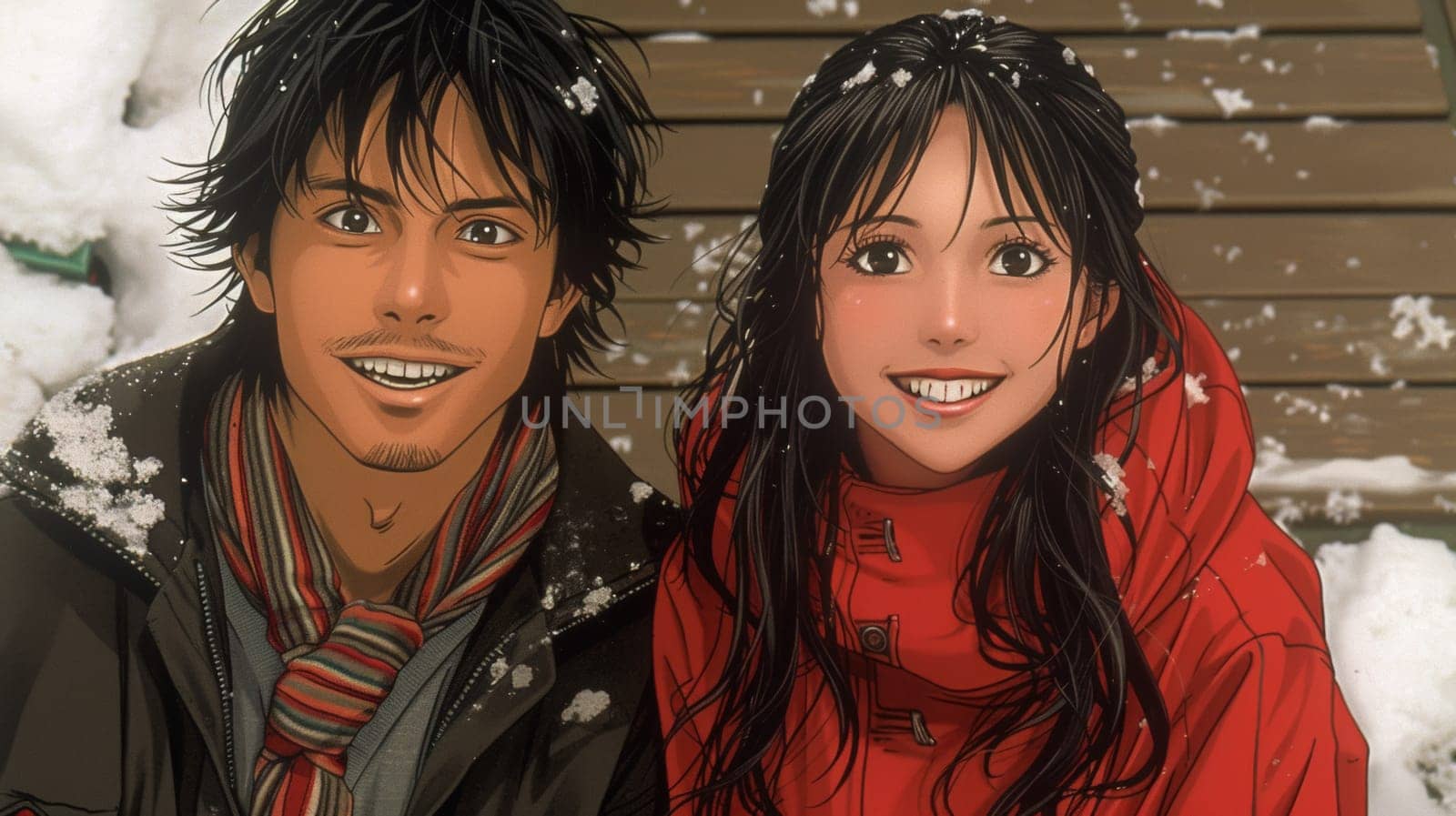 A man and woman in winter clothing sitting next to each other, AI by starush