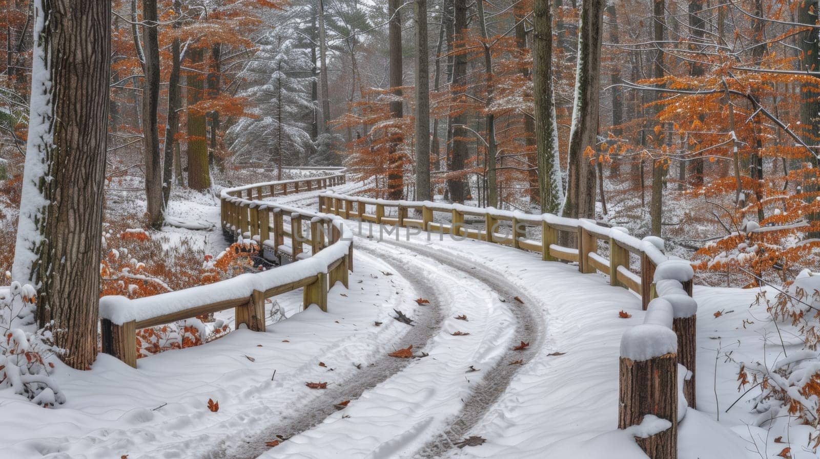 A snowy path through a wooded area with trees and fences