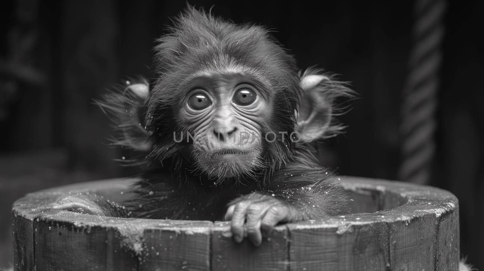 A baby monkey sitting in a wooden barrel with water, AI by starush