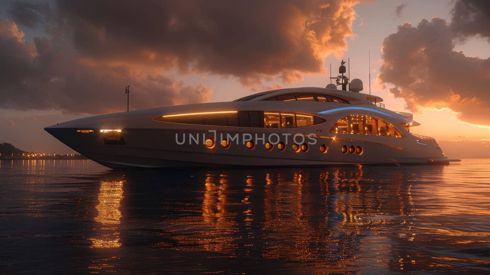 A large luxury yacht is floating in the water at sunset