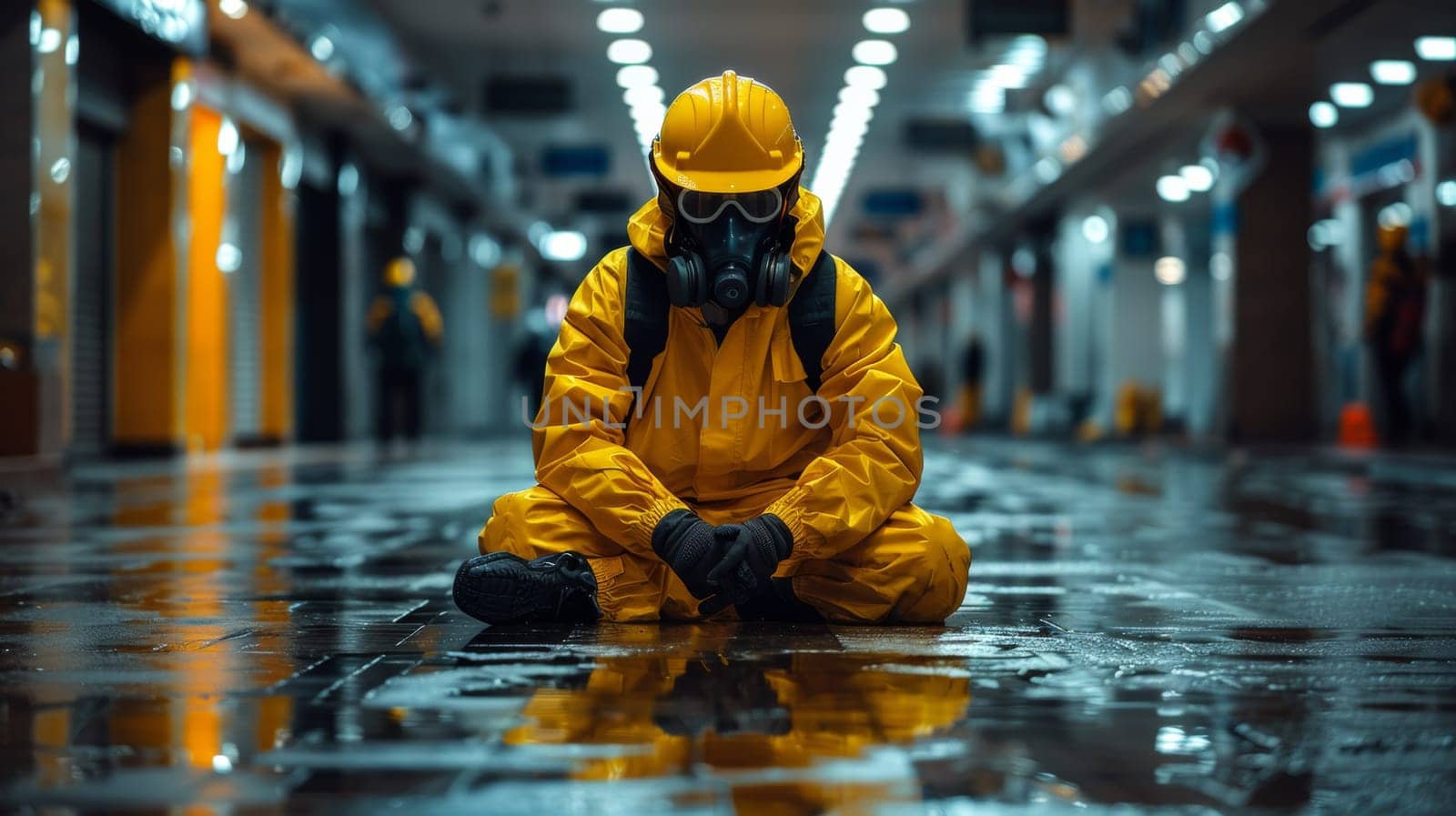 A man in yellow and black suit sitting on floor with gas mask