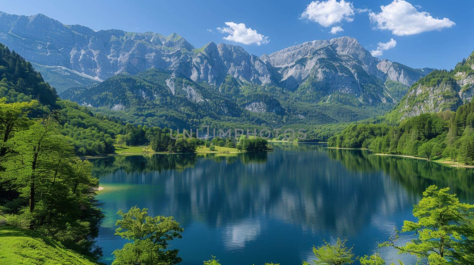 A beautiful mountain lake surrounded by green trees and mountains, AI by starush