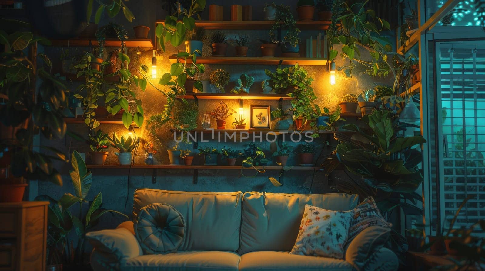 A couch with a lot of plants on the wall, AI by starush