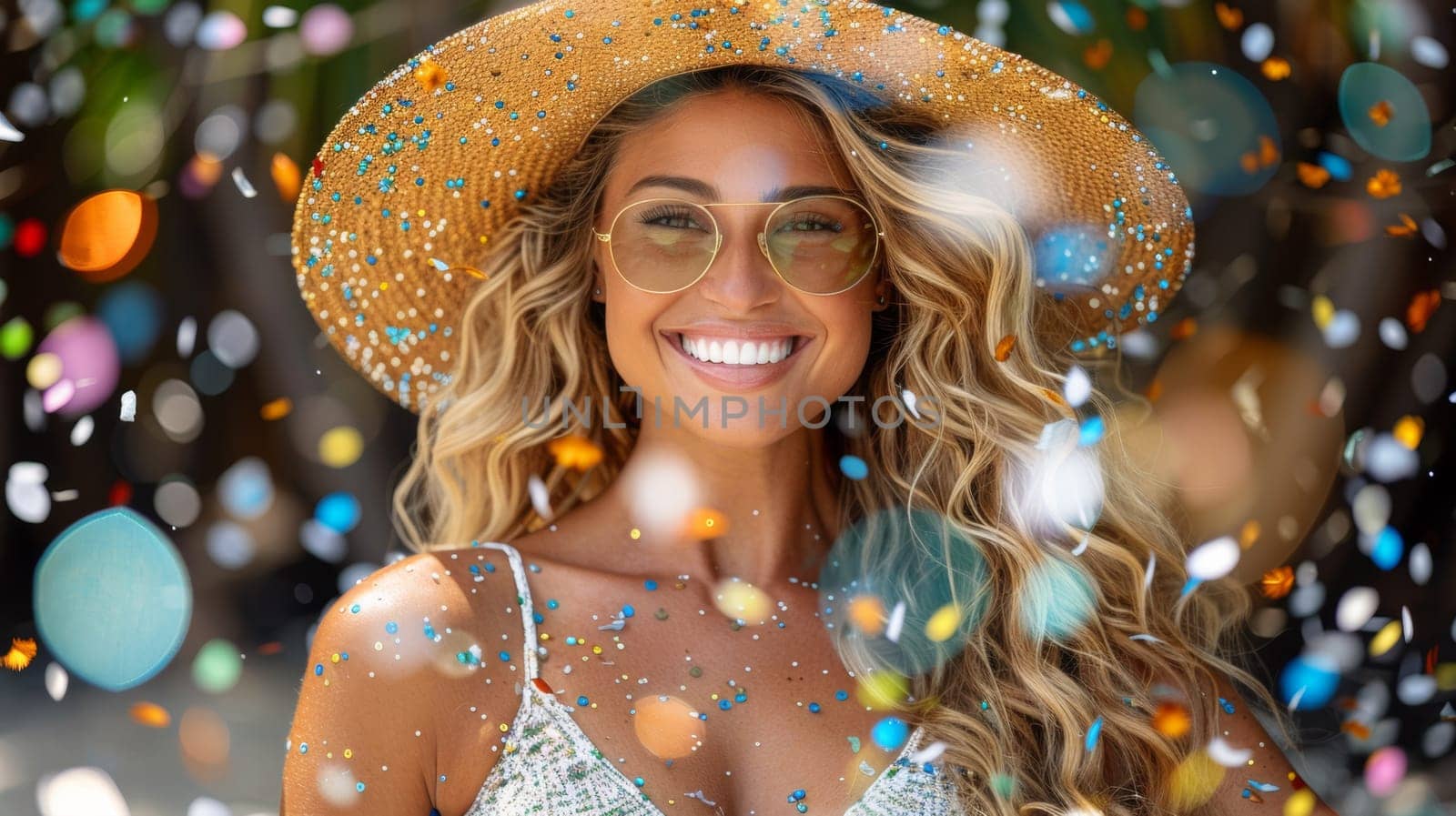 A woman in a hat and sunglasses smiling with confetti falling around her