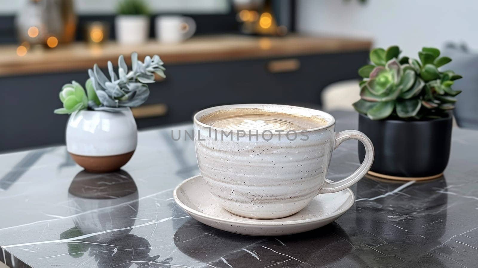 A cup of coffee sitting on a table next to some plants